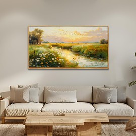 ZUITINGHUA Large Wood Framed Wall Decor For Living Room Canvas Wall Art For Office Wall Decoration For Bedroom Pastoral Scenery Painting Water edge Picture Artwork Home Decor Ready To Hang 24x48 In