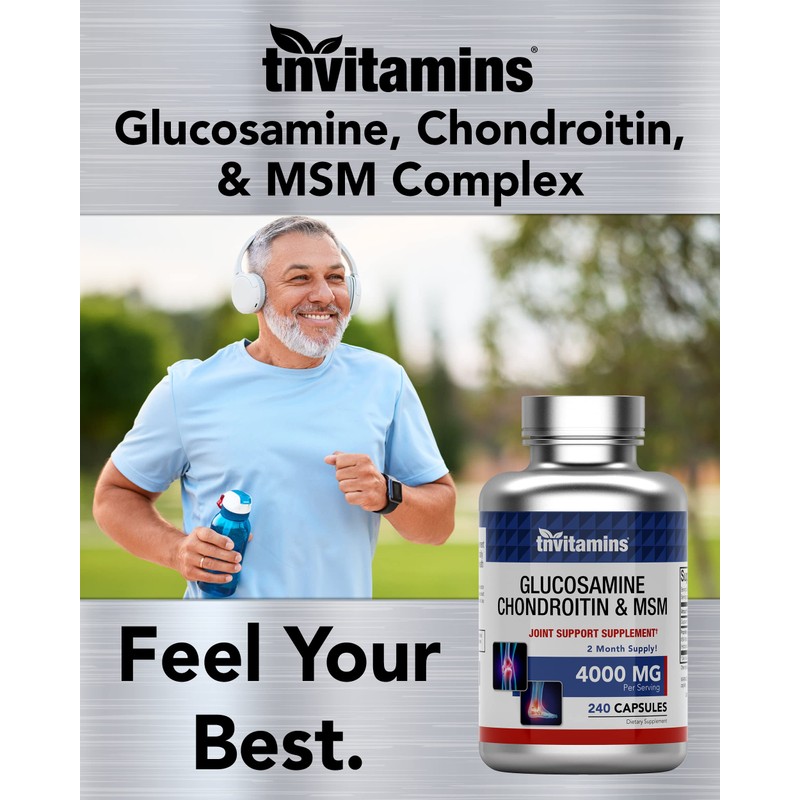 tnvitamins Glucosamine Chondroitin MSM Capsules, 240 Count | 4,000 mg