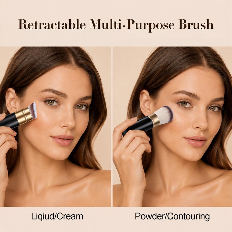 Retractable Angled Kabuki Makeup Brush - Vegan Adjustable Blush Tool