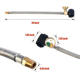 RV Propane Hoses with Gauge (Packs of 2), 20 Inch Stainless Steel Braided Camper Tank Hose,Rv lp Gas Hoses Connector for Standard Two-Stage Regulator, 40Lb 250PSI, 1/4 NPT /QCC1 Fittings