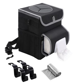 upra Car Trash Can with Lid Leakproof,Bag Hanging Storage Pockets,Adjustable Tissue Holder & Straps Garbage Bin, Portable Auto Trash Bag Holder for Road Trip, Kids, Dog Owners