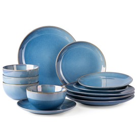 GBHOME Ceramic Dinnerware Sets for 4, 12 Pieces Stoneware Plates and Bowls Sets, Reactive Glaze Dishes -Scratch Resistant, Dishwasher&Microwave Safe-Alaskan Blue