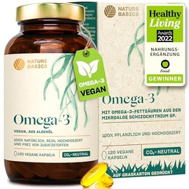 Nature Basics Omega 3 Algae Oil, 120 Capsules, Vegan, DHA & EPA | 4 months supply, 1 capsule daily, made from sustainable micro-algae, without fish oil, laboratory tested