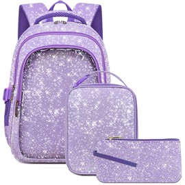 Ebibag Purple Backpacks with Lunch Box for Teen Girls Women Cute Stylish Glitter Kawaii Small School Book Bag for Middle High College School Work Travel Aesthetic Lightweight