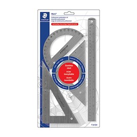 Staedtler Juego De Matemáticas De Acero Inoxidable 566 32BK | Paquete de 1, Regla de 12 pulgadas, 2 cuadrados triangulares 45/90° y 30/60°, Transporta