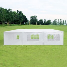 Canopy Party Tent White Shelter Gazebo Pavilion, Folding, Storage, Waterproof, 1 Mid-Zip Door, 6 Window Sidewalls, Ground Coverage Area 27 Square Meters, for Wedding Garden Barbecue Party, 10X30ft