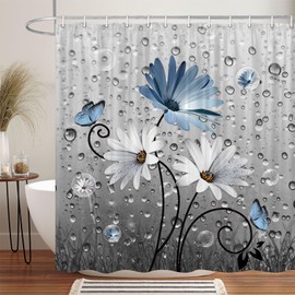 Xguatan - Cortina de ducha rústica de estilo rústico con flores de margaritas y mariposas para baño, cortina de ducha estilo rústico con 12 ganchos, 70 x 75 pulgadas