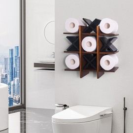 DAOYOUSKY Tic Tac Toe Toilet Paper Holder Stand with 4pcs Wooden X, Farmhouse Rustic Wall Mounted Funny Toilet Papers Storage Organizer with Shelf, Guest Bathroom Decor, Brown and Black