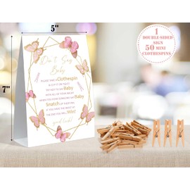 Dont Say Baby Baby Shower Game, Blush Pink Butterfly Baby Shower Sign and 50 Clothespins, Gender Reveal Games, Baby Shower Centerpieces, Baby Shower Gifts for Gender Reveal Party, Baby Shower,2