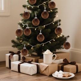 IPOPU 15Pcs Brown Velvet Christmas Ornaments Balls Bulk for Christmas Tree Decorations 3.15in Big Flocked Xmas Hanging Ornaments Set for Home Plastic Large Shatterproof Velvet Ornaments (Dark Brown)