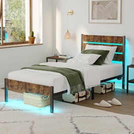 PUNICE Twin Size Bed Frame with Charging Station, LED Light Metal Bed Frame with Wooden Headboard, No Box Spring Required, No Noise, Easy Assembly, Rustic Brown