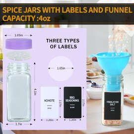 GMAMXD 24 Glass Spice Jars with Labels,Spice Jar Set,4oz Spice Containers,Seasoning Containers with Purple Airtight Lids and Shaker Lids,Square Empty Spice Bottles,492 Labels,1 Funnel