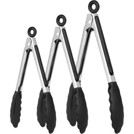 Pinzas de Cocina, MTQ 3 PIEZAS Pinzas de Acero Inoxidable Premium con Seguro, Kit de Pinzas de Silicona de 7", 9" y 12", con Puntas de Silicona Antiadherentes, Alta Resistencia al Calor a 480 ° F, para Cocinar, Servir, Ensalada (Negro)