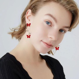 Peasimy Purple Butterfly Tassel Stud Earrings for Women Long Butterfly Crystal Rhinestone Drop Dangle Earrings Wedding Jewelry Gifts (Red)