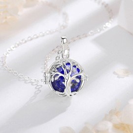 INFUSEU Lapis Lazuli Tree of Life Necklace for Women Royal Navy Blue Jewelry Healing Stone Crystal Pendant Protection Ball Positive Energy Rock Holder Cage Spiritual Gifts