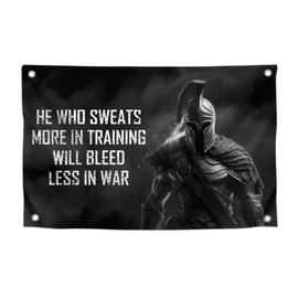 3x5 Feet Motivational Flag "He Who Sweats More In Training Will Bleed Less In War" with Four Brass Grommets - Improvement Wall Decor for Home or Gym - Wall Flag with Spartan Image and Quote