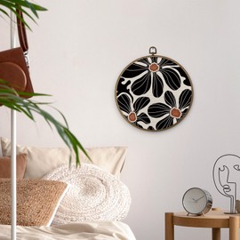MAQIKA Boho Black Flowers Framed Wall Sculptures Decor, Bohemian Floral Wall Art, Abstract Botanical Round Wall Hanging Decor, Mid Century Modern Wall Art for Bohemia Preppy Bedroom Dorm,10x10 Inch