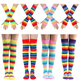 Ibeauti 8 Pcs Womens Striped Knee High Socks Stockings Y2K Goth Knitted Long Arm Warmer Fingerless Gloves Set (4-Rainbow Color)