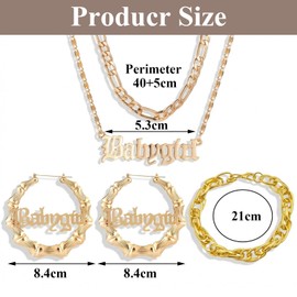 ULODJFN 90s Jewelry for Women, 3PCS 2000s Jewelry Set, Gold Bamboo Hoop Earrings, Chunky Link Chain Bracelet, Hip Hop Pendant Necklace Costume Accessories