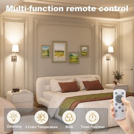 JOFIOS Battery Operated Wall Sconce Set of 2, Rechargeable Wall Lights with 5200 mAh Detachable Bulbs and Fabric Shade, 7 Color Dimmable Sconce Wall Decor for Bedroom, Living Room, Entryway (Silver)