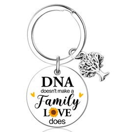 YINSSA Step Parent Keychain Gifts Step Mom Dad Gift Funny Adoption Keychain Step Fathers Day Stepmother Gift From Daughter Son Unique Family Keepsake DNA Doesn't Make You Family Love does