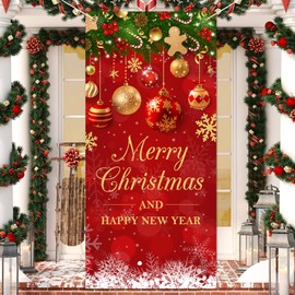 JarThenaAMCS Merry Christmas Door Cover Xmas Ball Hanging Banner Red Gold Photo Background for Indoor Outdoor New Year Home Party Supplies, 31.5 x 67 Inch