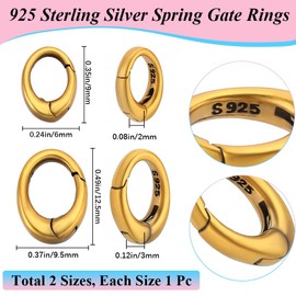 Beebeecraft 1 Box 2Pcs 925 Sterling Silver Spring Gate Rings Golden Oval Carbine Snap Hook Clip Lock Clasps Key Chain Connector for Jewelry Finding Necklace Bracelet Making