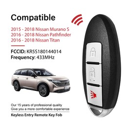 2 Keylessbest Replacement for Nissan Murano S Titan Pathfinder Key Fob Remote Control 2015 2016 2017 2018 3 Buttons 433MHz KR5S180144014,Black