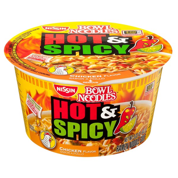 Nissin Hot and Spicy Bowl Noodles Chicken, 3.32 Ounce (Pack