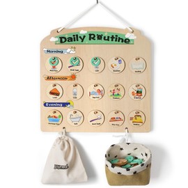 Joyreal Wooden Visual Schedule for Kids - Three Rows Hanging Daily Schedule Chart for Home & Classroom - Morning Bedtime Routine Chart and Chore Reward Chart for Toddlers - Autism Learning Materials