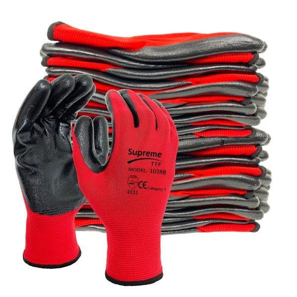 Supreme TTF 24 Pairs PREMIUM NITRILE COATED Red Nylon Work