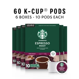 Starbucks K-Cup Coffee Pods, Dark Roast Coffee, Espresso Roast for Keurig Coffee Makers, 100% Arabica, 6 Boxes (60 Pods Total)