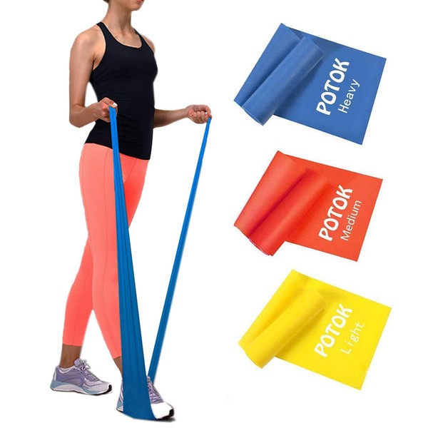 Potok Resistance Band Set, 3Pack Latex Elastic Bands for Upper & Lower Body & Core Exercise, Physical Therapy, Lower Pilates, at-Home Workouts, and Rehab, Yellow & Red & Blue