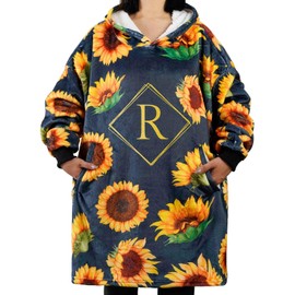 Huglanket Sunflower Gifts with Initial for Sunflower Lovers & Women, Wearable Flannel Sunflower Blanket Hoodie, Super Soft Warm Cozy with Two Large Pocket, One Size Fits Most - R