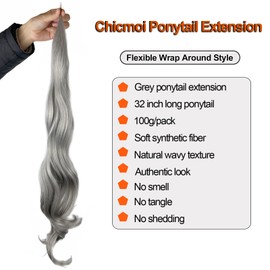 Chicmoi Grey Ponytail Extainson 32 Inch Flexible Wrap Around Ponytail Hair Extension Long Wavy Pony Tails hair Extension Synthetic Hairpieces For Women and Girls