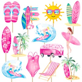 30pcs Summer Surf Centerpieces Sticks Vintage Surfing Birthday Party Centerpiece Decorations for Girls Pink Surfboard Surf Van Theme Table Toppers for Hawaii Beach Surf Party Baby Shower Supplies