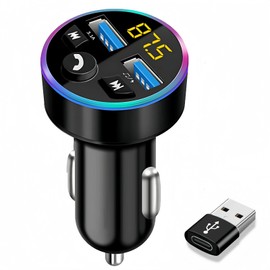 YCTech Bluetooth FM Transmitter, Universal Car Charger Adapter with Dual USB Fast Charging, USB-C Converter, Hand-Free Calling, Wireless Radio Receiver & Music Player (USB-C Converter Included)