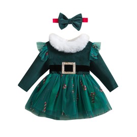 ZZLBUF Infant Toddler Baby Girl Christmas Dresses Santa Fur Trim Long Sleeve Tutu Dress Headband Christmas 2Pcs Outfits (Candy Cane Green, 2-3 Years)