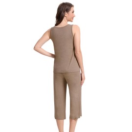 WiWi Women Pajama Set Sleeveless Top with Capri Pants Viscose from Bamboo Super Soft V-Neck Tank Sleepwear PJ Sets S-XXL,Camel,Large