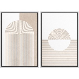 MUDECOR Framed Canvas Print Wall Art Set Pastel Tan Geometric Circle Spirals Abstract Shapes Illustrations Modern Art Decorative Contemporary for Living Room, Bedroom, Office - 16"x24"x2 White