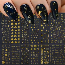 12 Sheets Gold Nail Art Stickers Stars,Love,Smiley Face,Words,Number,3D Nail Decals for Self Adhesive Metal Nail Sticker Nail Designs Nail Art Supplies for Women Manicure Decorations