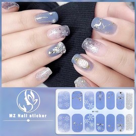 Christmas Gel Nail Stickers Blue White Red Snowflakes Gel Nail Polish Winter Reindeer Xmas Trees Nail Wraps Stickers Glitter Crystal Nail Polish Strips Silver Full Cover for Women DIY Acrylic Nails