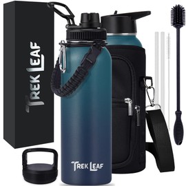 Trek Leaf Travel Water Bottle with Carrying Bag, 3 Lids (Spout, Straw, Handle), and Bottle Brush; Leak Proof, Quality, Vacuum Insulated, Stainless Steel (Deep Water, 40 oz)