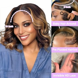 Bob Wig Human Hair Glueless 13x6 HD Lace Frontal Wigs Pre Plucked With Baby Hair 200% Density Ombre 1b/30 Highlight Body Wave Lace Front Wigs Human Hair Colored Short Bob Wigs for Women Wavy 12 Inch