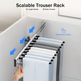 BYGOVICE Pull Out Trousers Rack, 9 Arms Retractable Closet Pants Hanger, Side Mounted Trouser Hanger Rack, Pant Organizer for Closet, Suitable for Clothes Towel Scarf Trousers Tie (Left Installation)