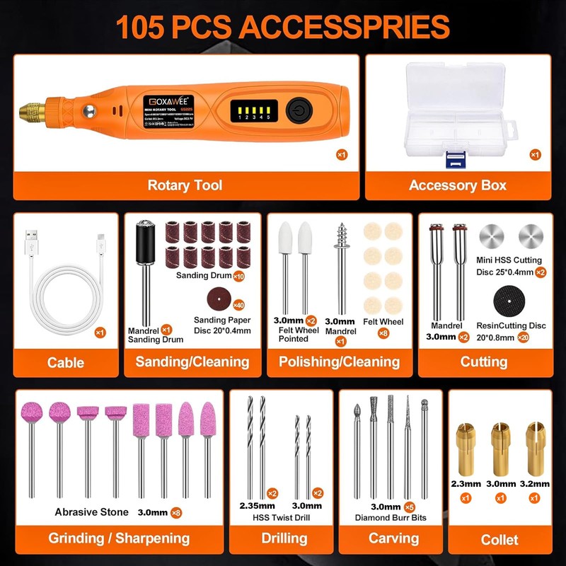 GOXAWEE Mini Cordless Rotary Tool Kit with 105pcs Accessories, USB