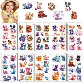 Qpout Children's Tattoos, 10 Sheets Cat Temporary Tattoos for Children, 10 Sheets Dog Tattoos for Boys Girls, Cat Dog Birthday Party Favours Party Bags