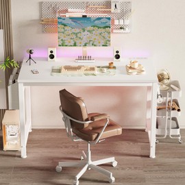 Lufeiya White Computer Desk with Power Outlet, 47 inch Teen Study Table Home Office Work Writing Gaming Desks with Charging Station Outlets Built in, White