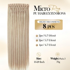 Remy Human Hair Extensions 18/613 Highlight Invisible Hole Weft Human Hair Extensions Micro Ring PU Hair Extension Tape in Hair Extension Glueless Skin Weft Extension for Women (70g 8Pcs,20 Inch)