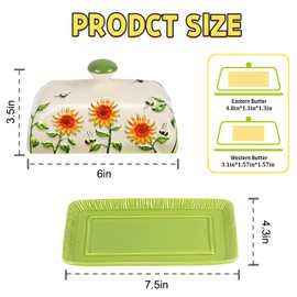 Butter Dish with Lid for Countertop, Sunflower Butter Keeper Holder, 7.5”x4.3” Large Ceramic Butter Tray Keeper Storage for East West Coast Butter Sunflower Decor for Kitchen